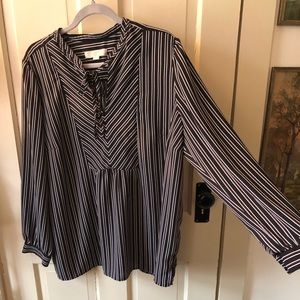 LOFT Plus Black White Striped Boho Blouse Neck Tie